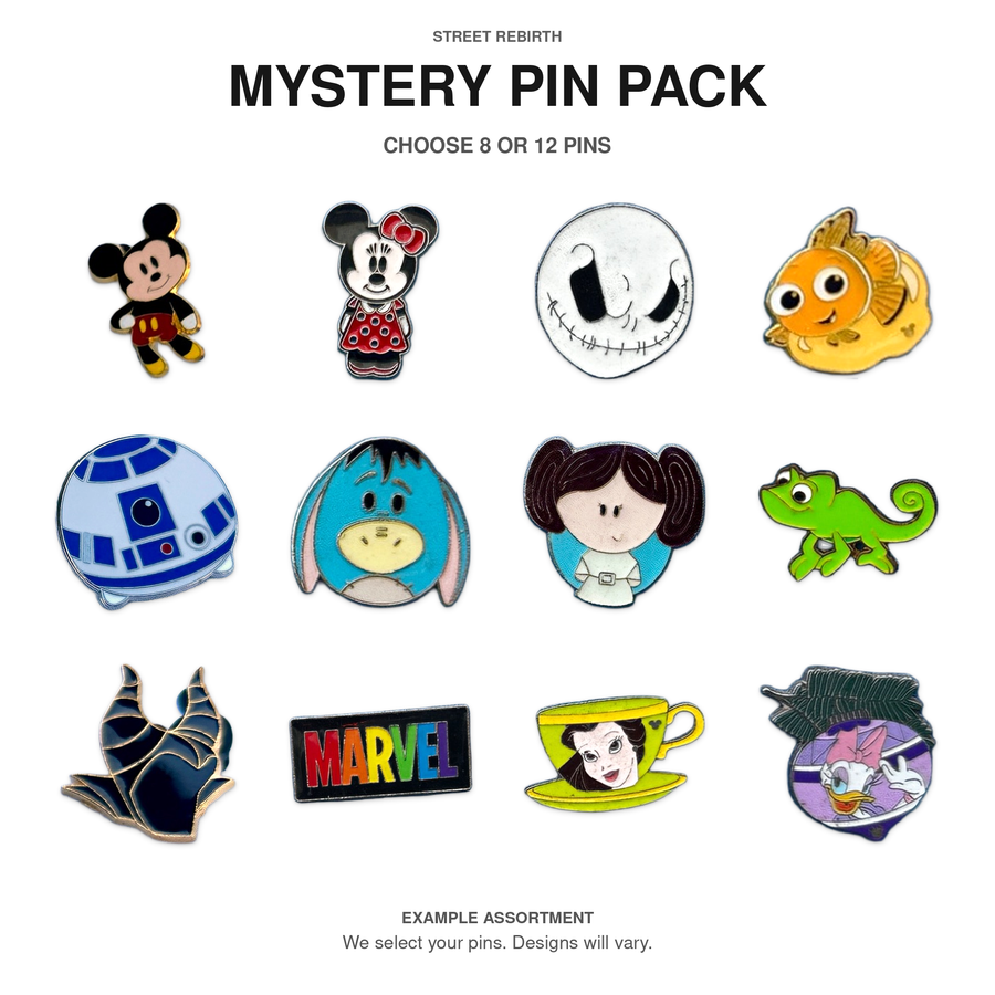Twelve example collectible enamel pins on a white background. Mystery packs contain 8 or 12 seller-selected pins.