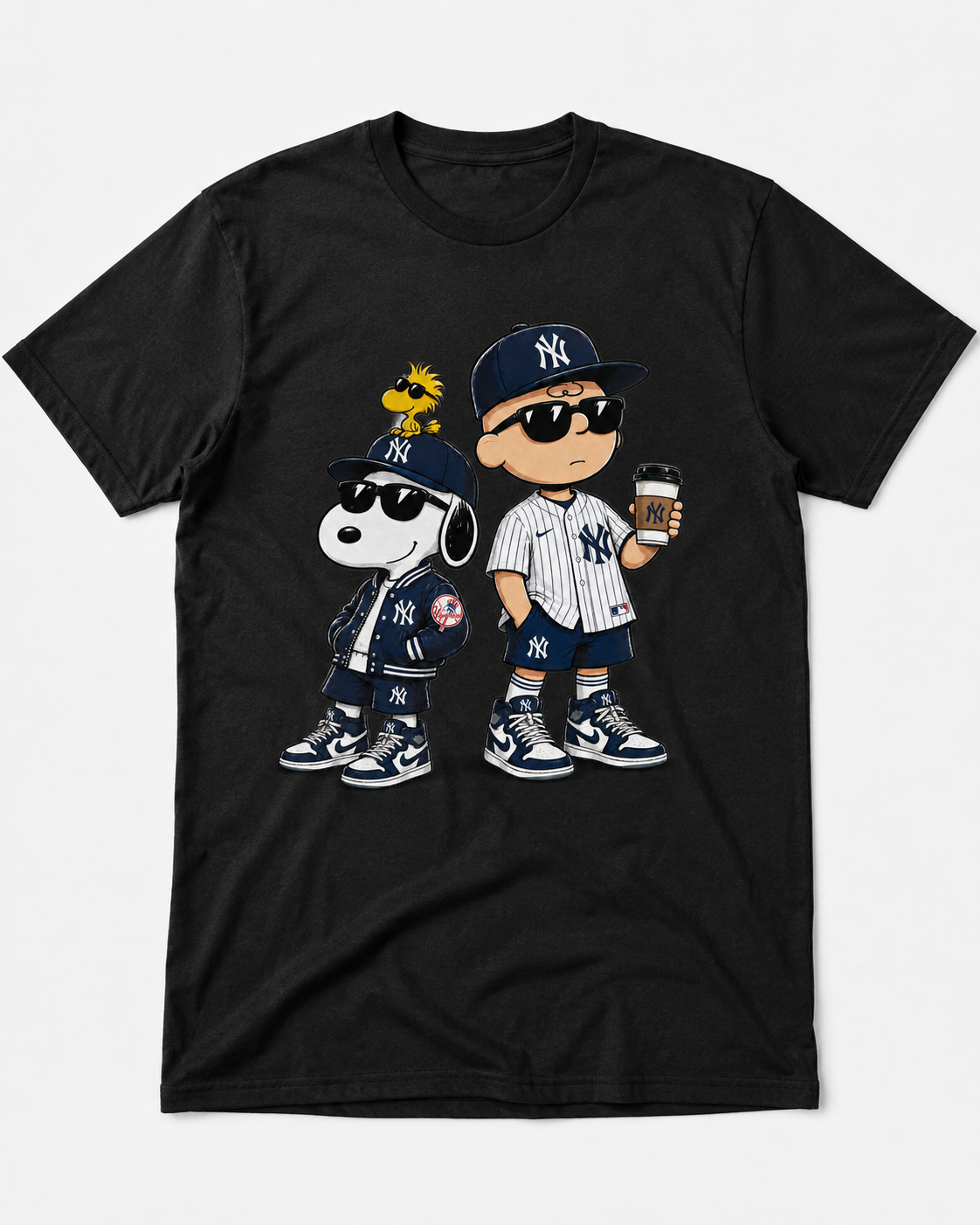 Navy pinstripe baseball fan duo graphic on black T-shirt