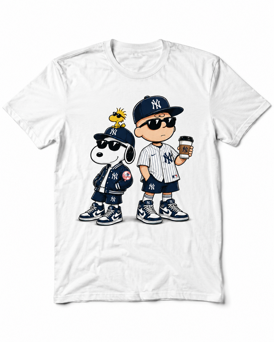 Navy pinstripe baseball fan duo graphic on white T-shirt