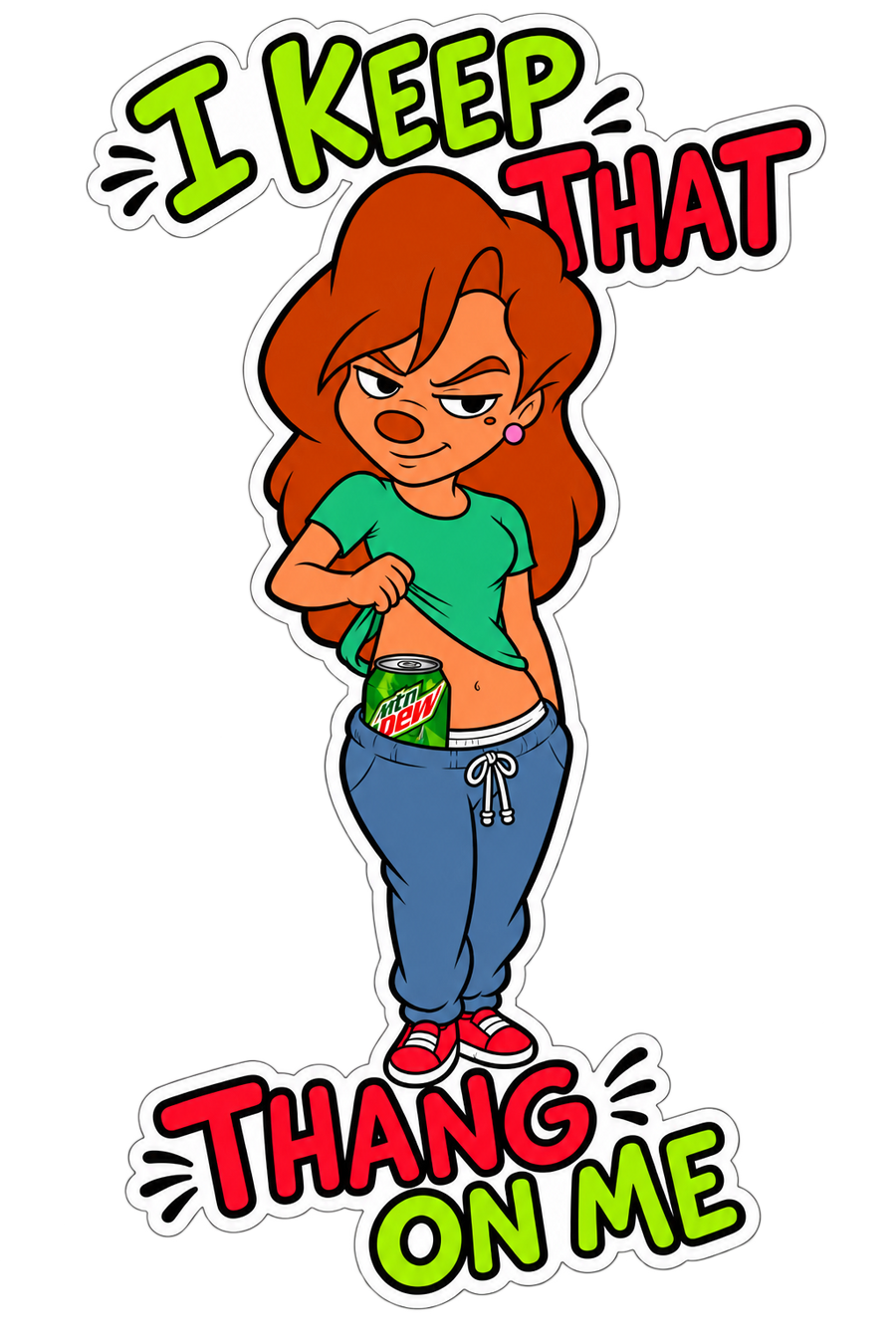 Four-inch vinyl sticker of confident cartoon woman revealing a crisp green soda can