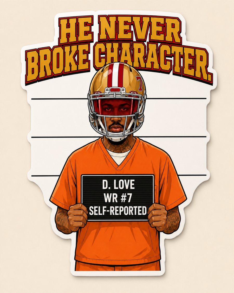 Never Broke Character football player mugshot parody 4-inch matte vinyl sticker