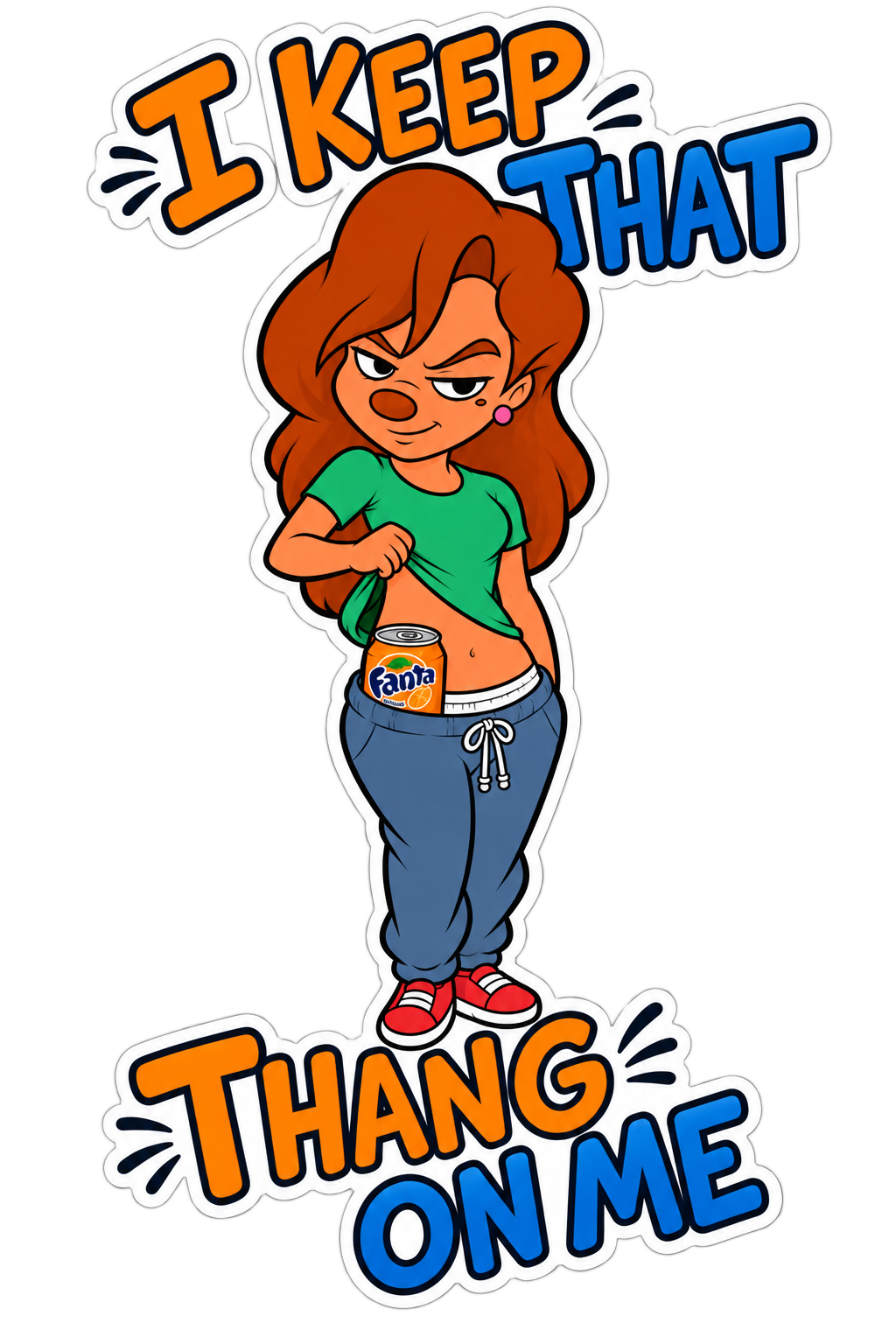 Four-inch vinyl sticker of confident cartoon woman revealing a bright orange soda can