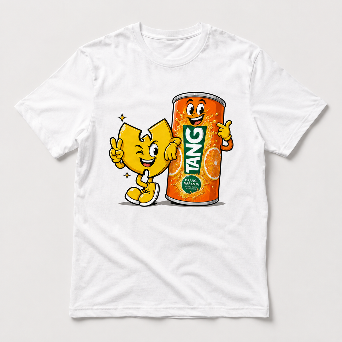 Orange drink hip-hop mascot graphic tee on a white shirt