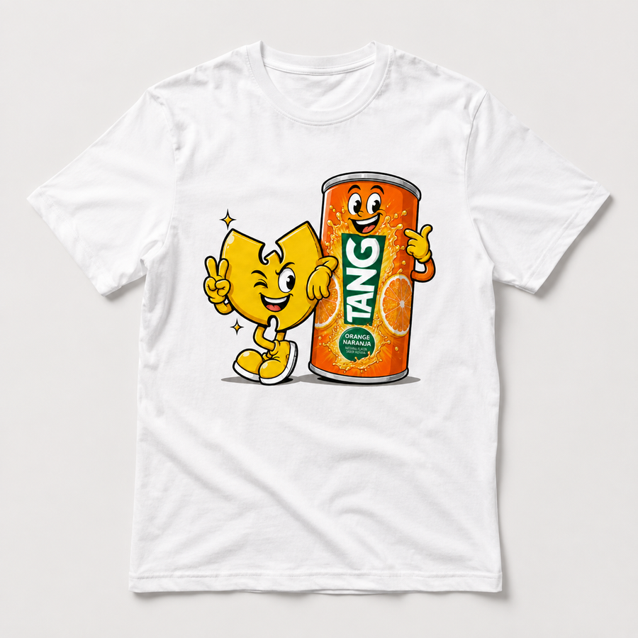 Orange drink hip-hop mascot graphic tee on a white shirt