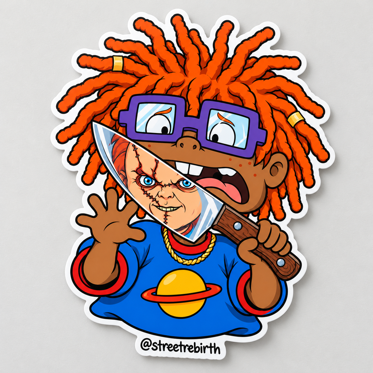 Matte vinyl die-cut sticker featuring a caramel-skinned cartoon boy with orange locs and purple glasses holding a knife with a spooky doll reflection