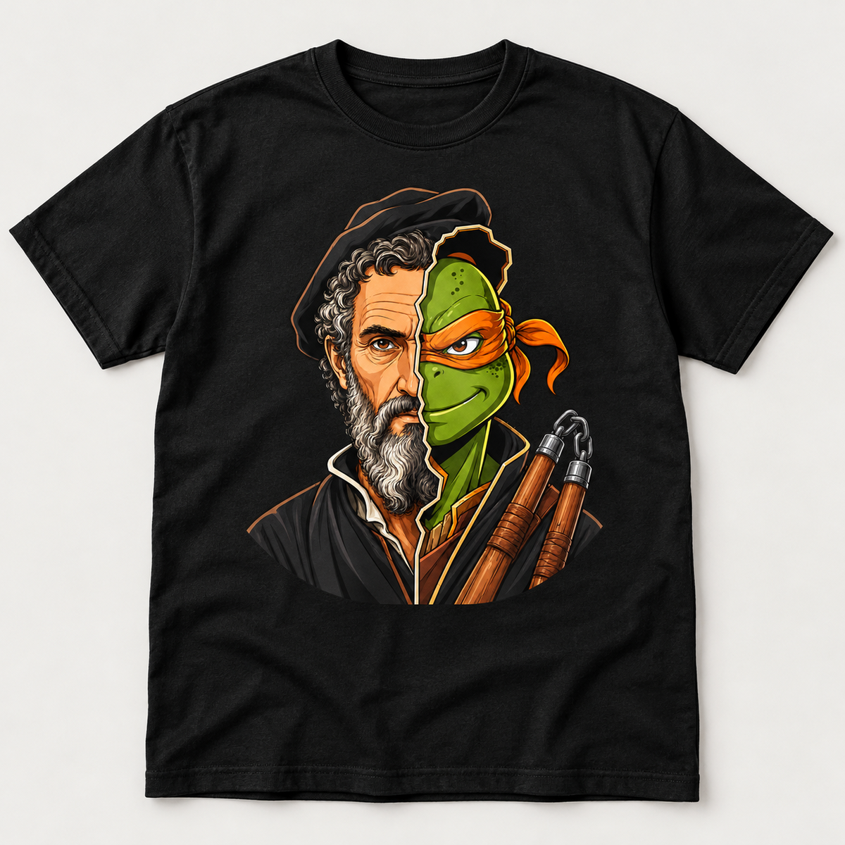 Black graphic T-shirt showing an orange-bandana green ninja merged with a bearded historical artist and wooden nunchaku