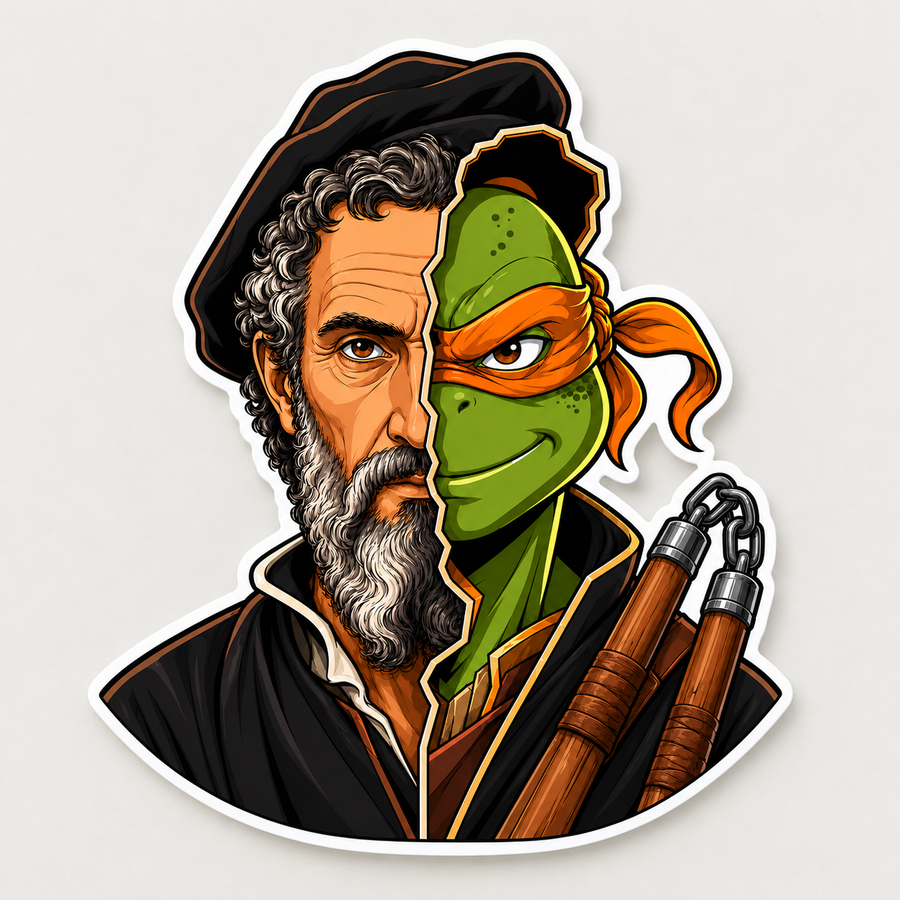 Matte die-cut vinyl sticker featuring an orange-masked green ninja, historical painter portrait, and wooden nunchaku
