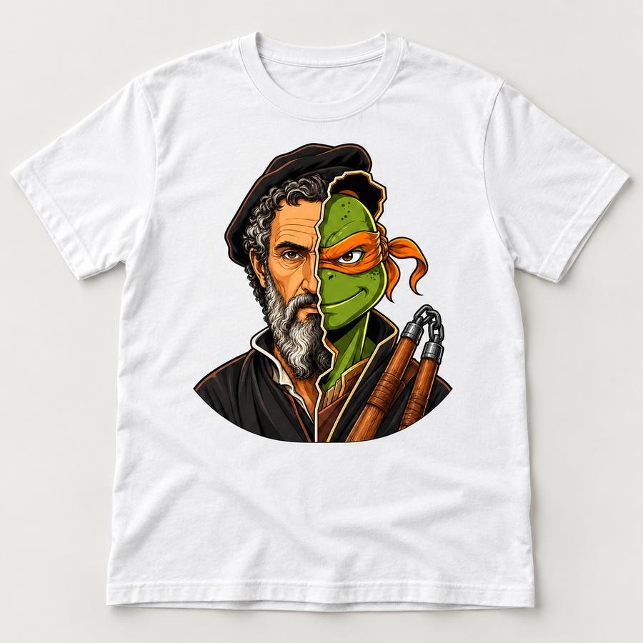 White graphic T-shirt with an orange-masked green ninja and gray-bearded Renaissance artist split portrait and wooden nunchaku