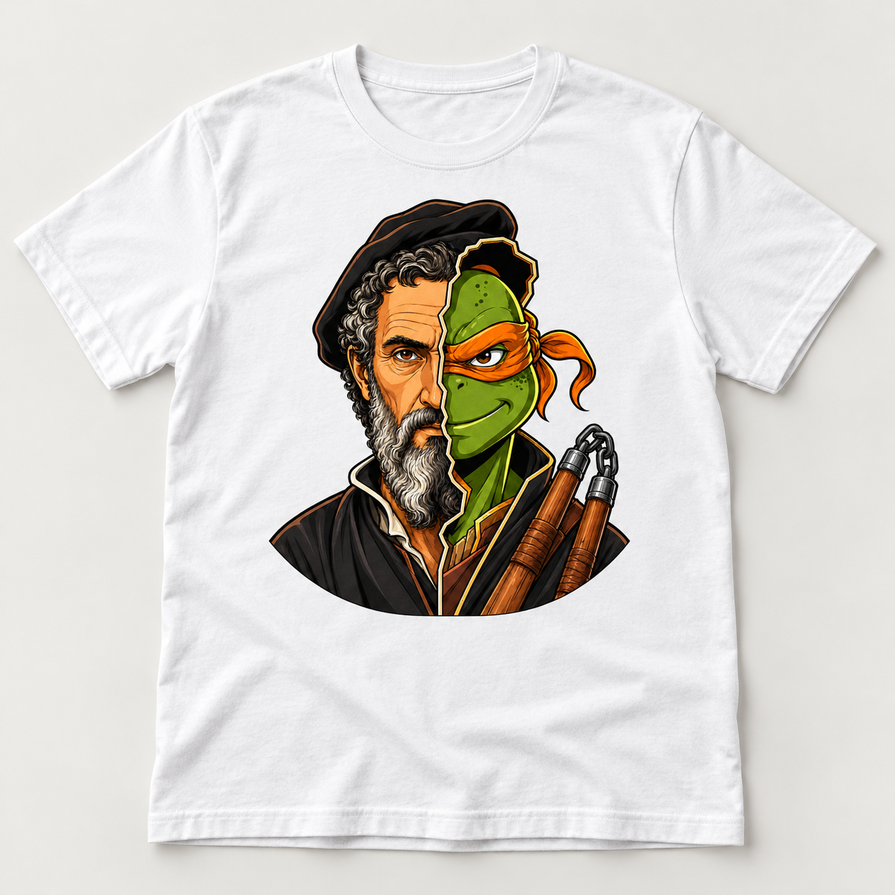 White graphic T-shirt with an orange-masked green ninja and gray-bearded Renaissance artist split portrait and wooden nunchaku
