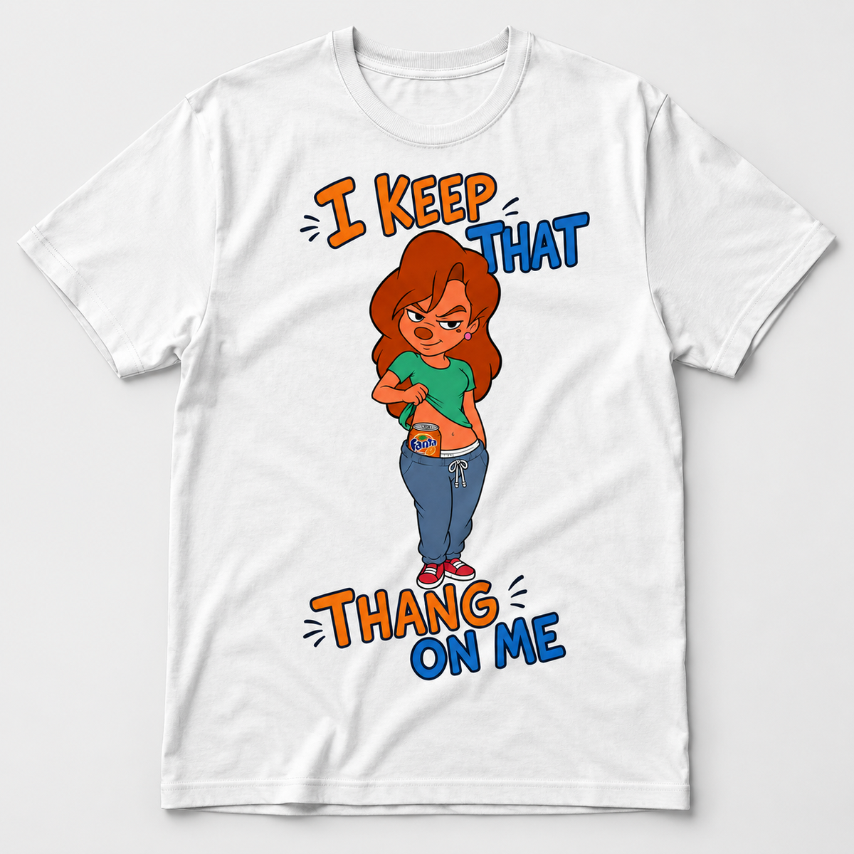 White graphic T-shirt with confident cartoon woman revealing a bright orange soda can