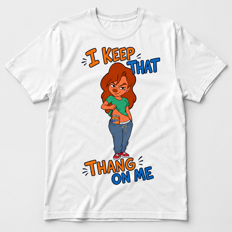 White graphic T-shirt with confident cartoon woman revealing a bright orange soda can