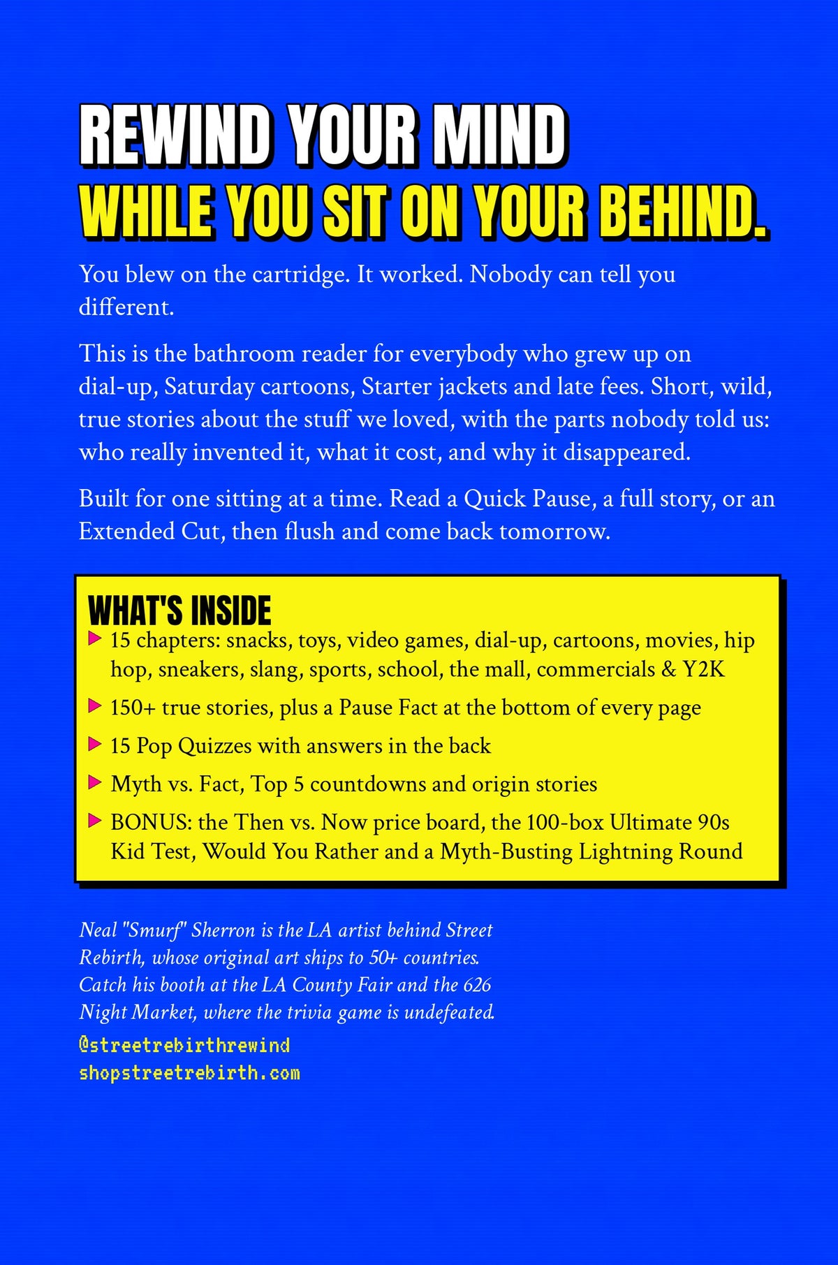 Pause Your Business back cover showing what's inside the 80s 90s Y2K trivia and fun facts book