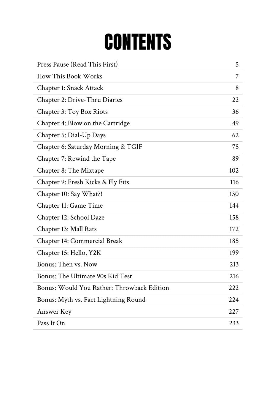 Table of contents for Pause Your Business listing 15 throwback chapters and bonus sections