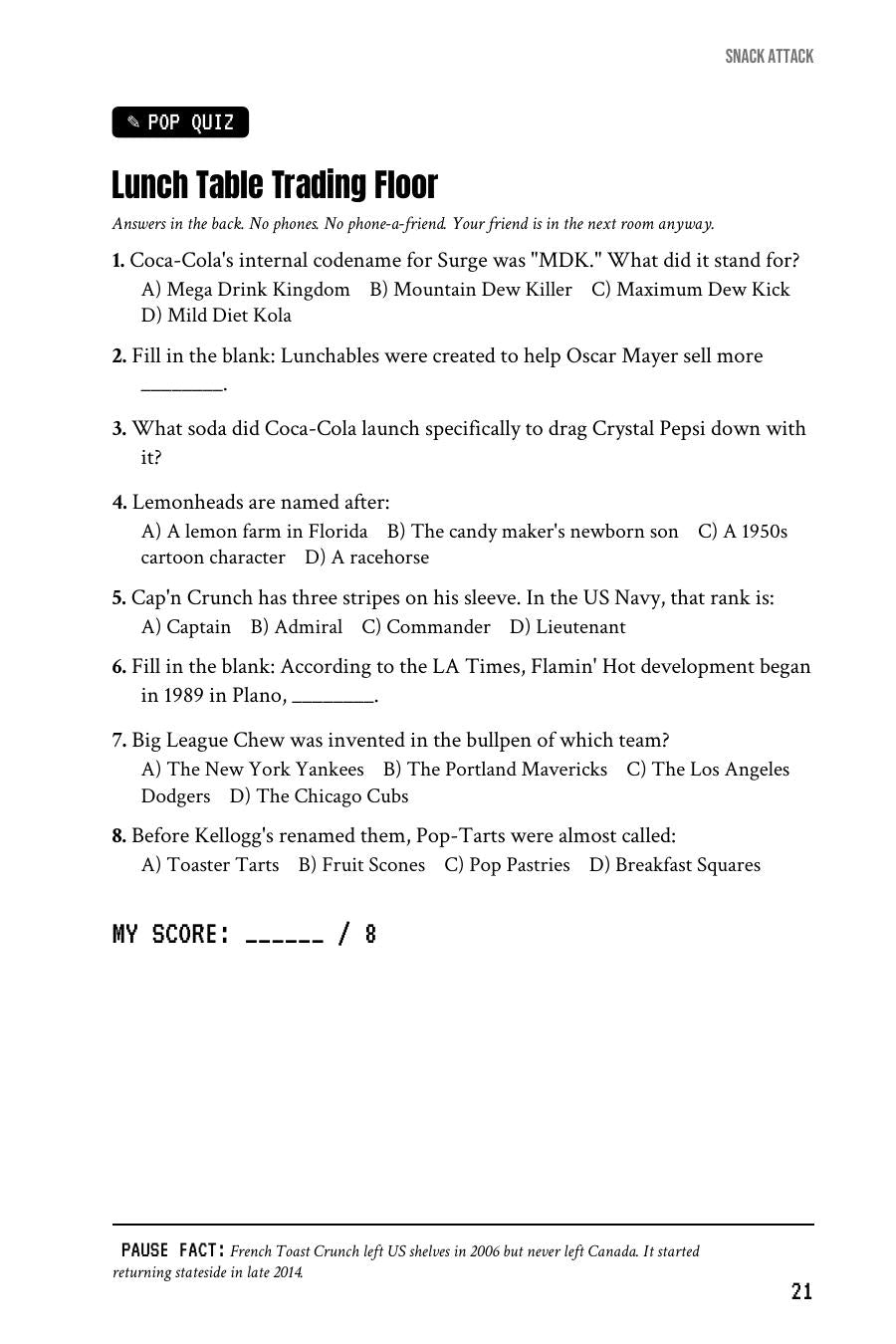 Pop quiz page from Pause Your Business throwback bathroom reader PDF