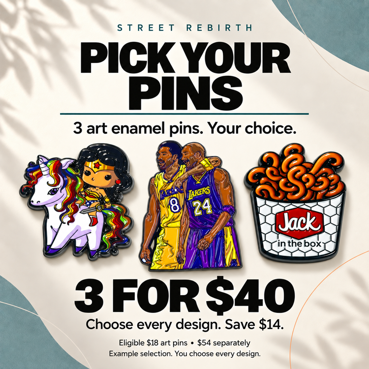 Pick Your Pins: choose three eligible art enamel pins for $40 and save $14. Rainbow unicorn warrior, basketball tribute and curly fries are example designs.