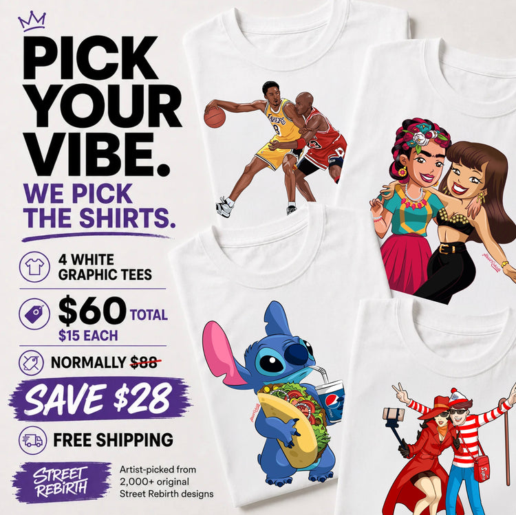 Pick your vibe and receive four artist-selected white graphic tees for $60, $15 each, saving $28. Example designs shown.
