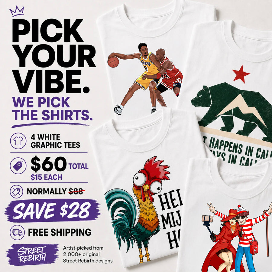 Mystery T-Shirt 4 Pack | Pick Your Vibe Graphic Tee Bundle | 4 White Tees, Artist Picked | Street Rebirth