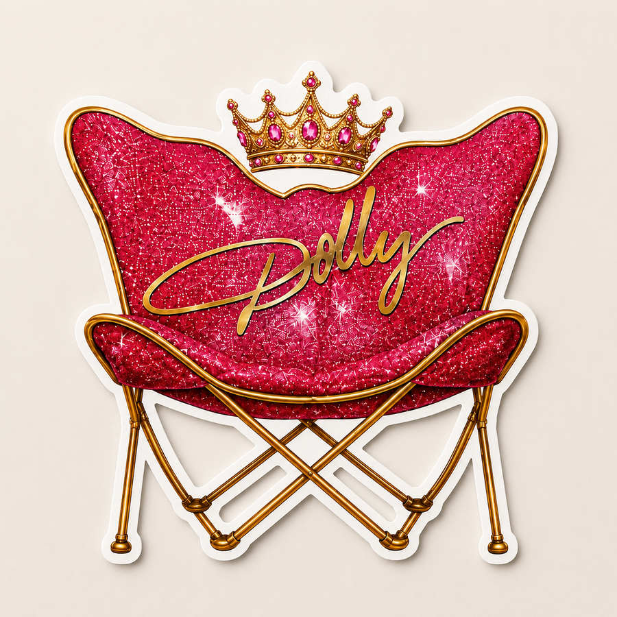 Pink glitter crown chair 4 inch matte vinyl sticker mockup