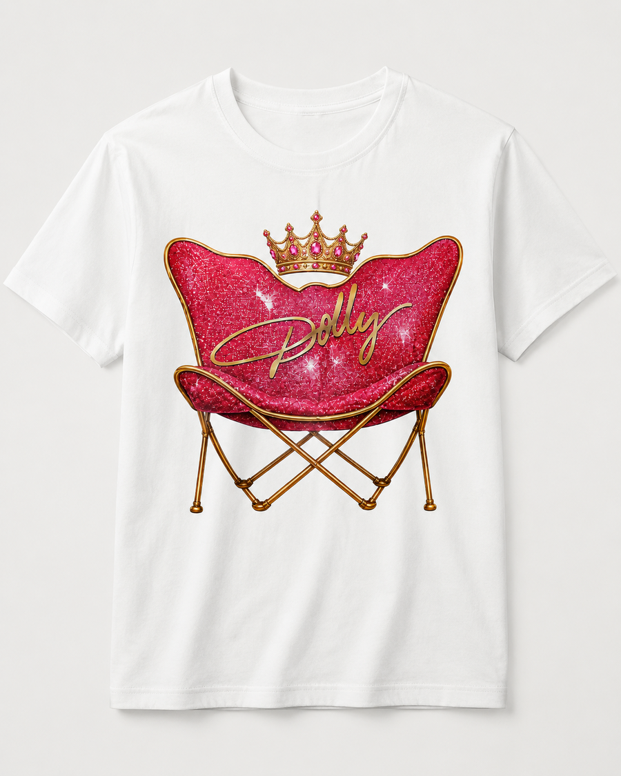 Pink glitter crown chair graphic printed on a white T-shirt