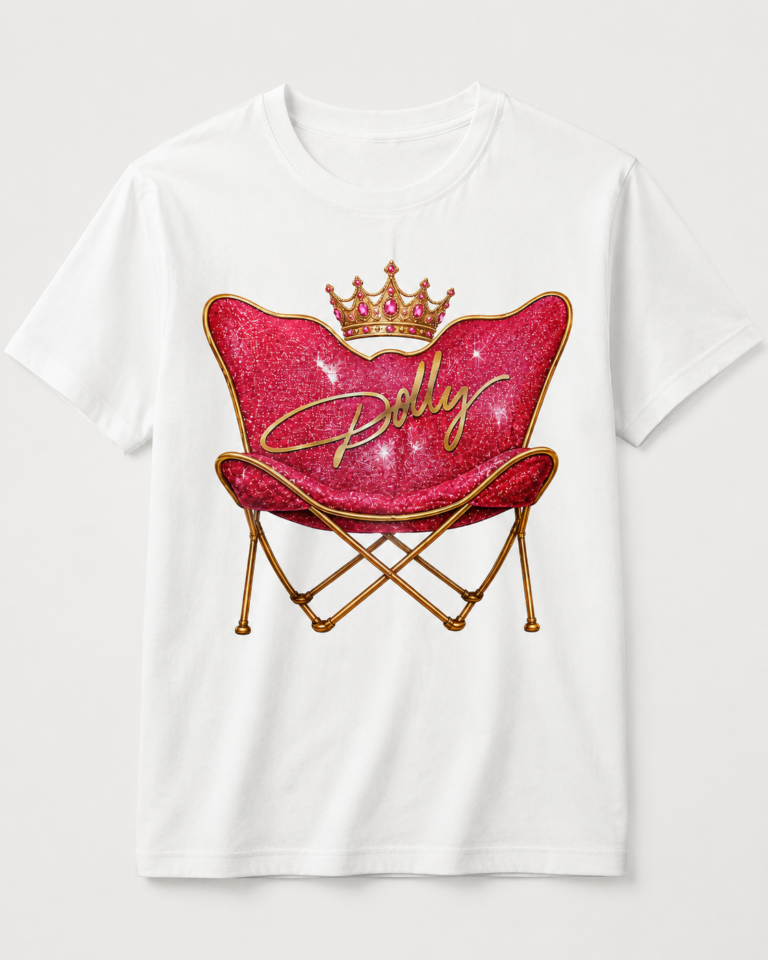 Pink glitter crown chair graphic printed on a white T-shirt