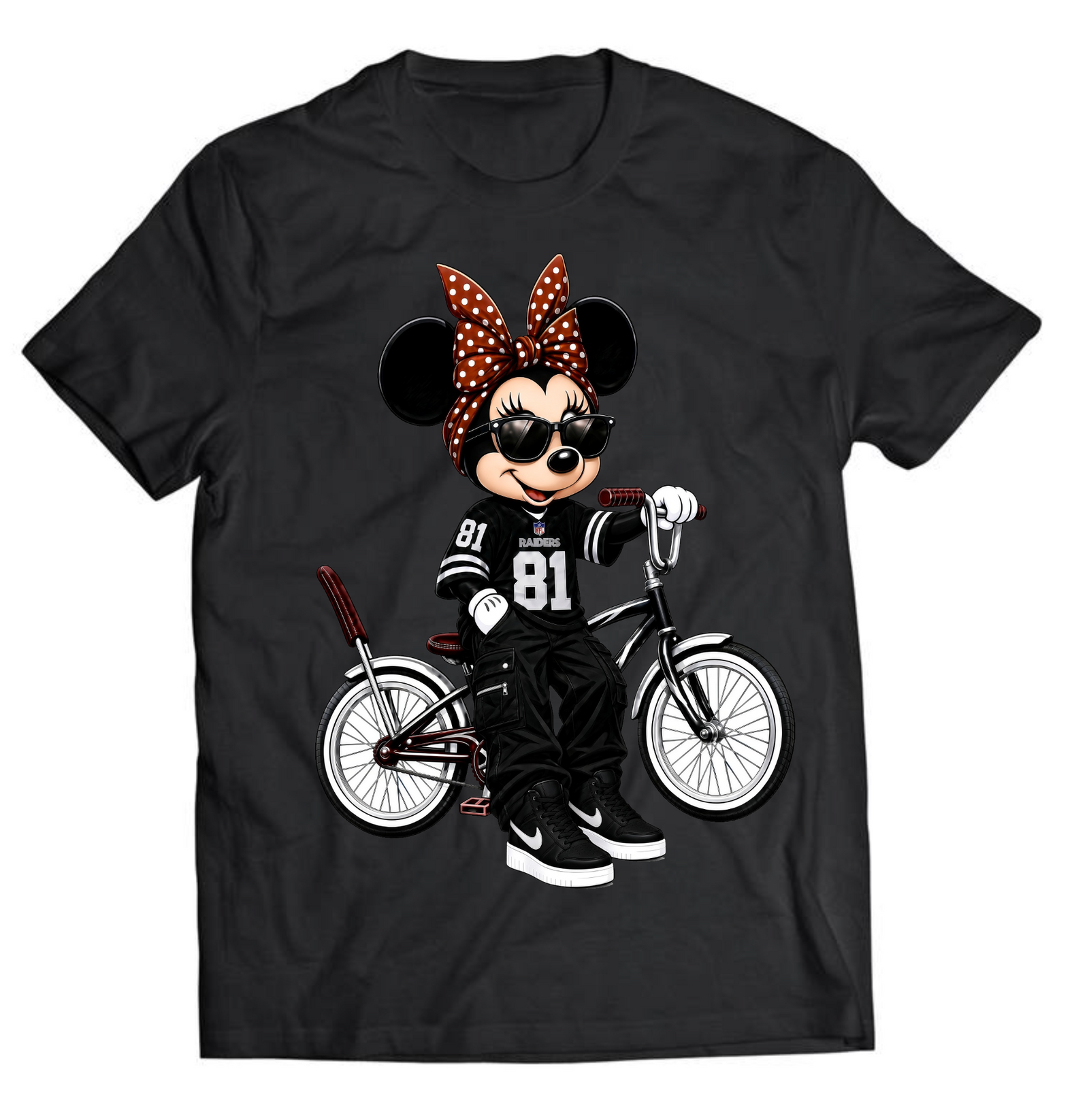 Black T-shirt mockup with polka dot bow cartoon mouse riding a lowrider bicycle