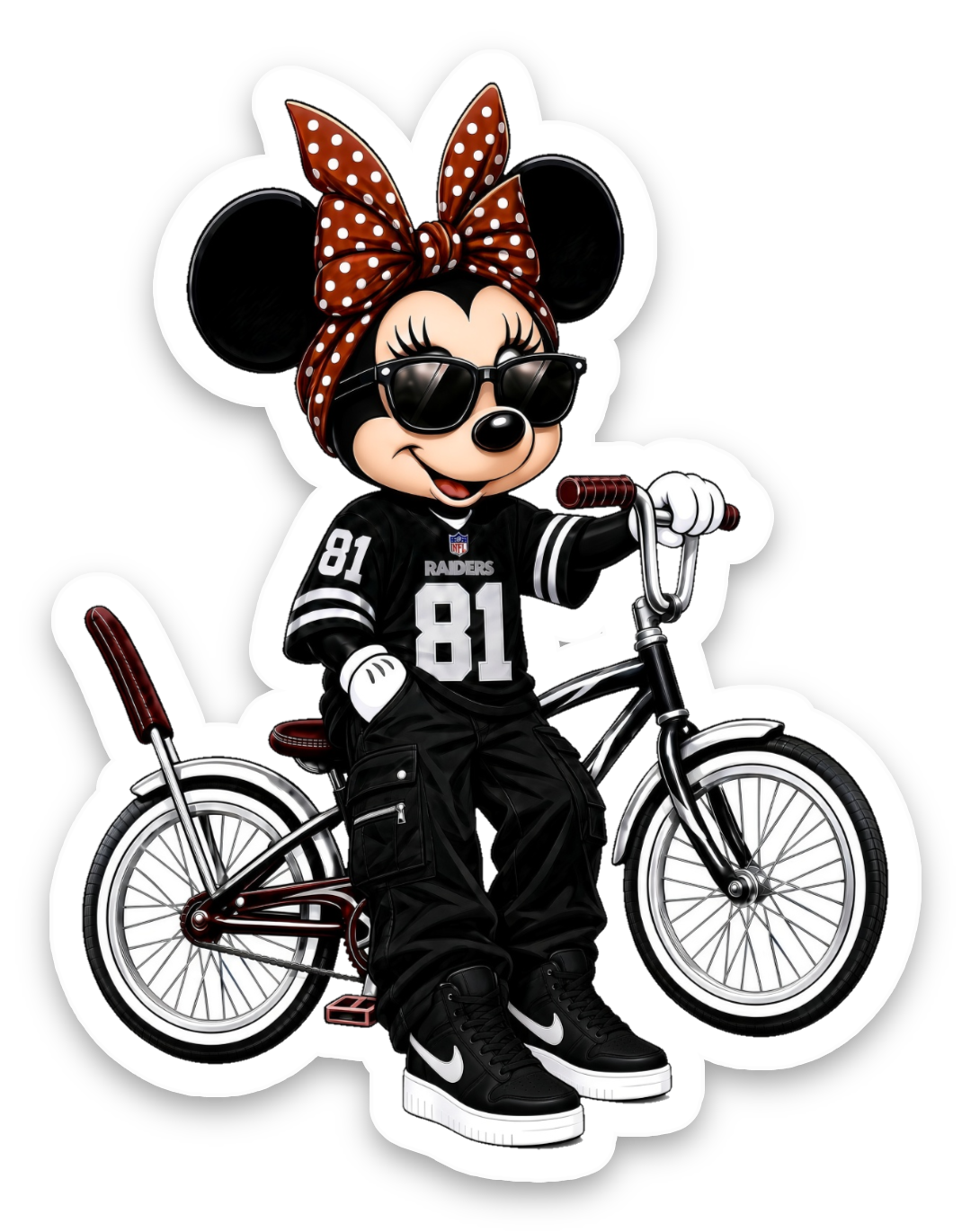 Polka dot bow cartoon mouse riding a lowrider bicycle matte vinyl sticker