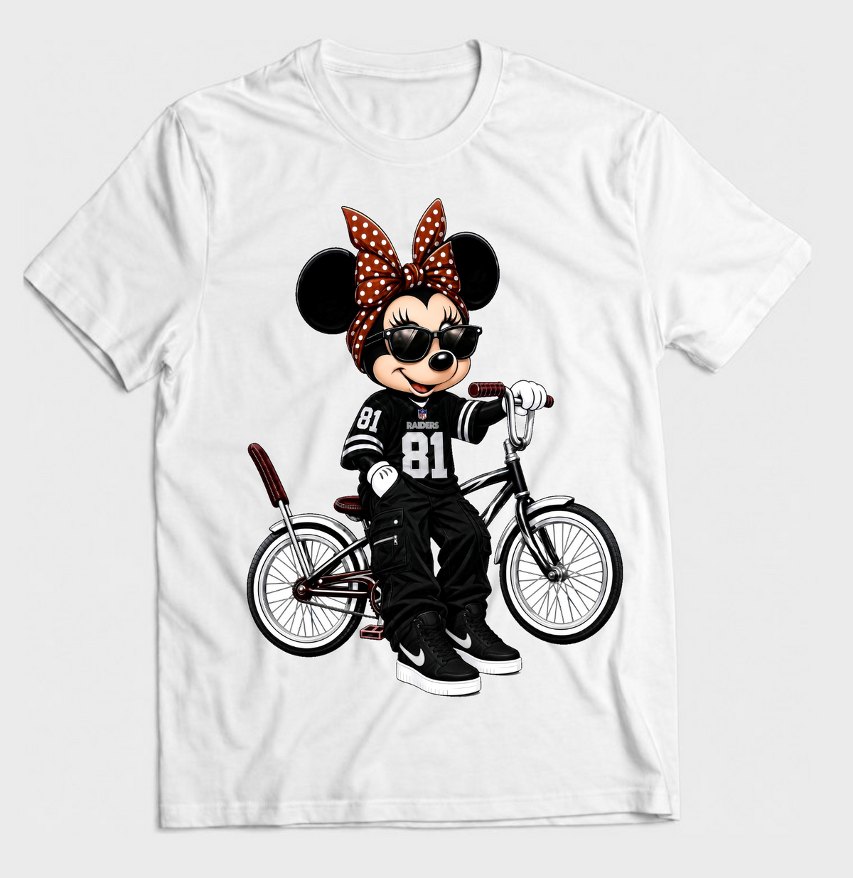 White T-shirt mockup with polka dot bow cartoon mouse riding a lowrider bicycle