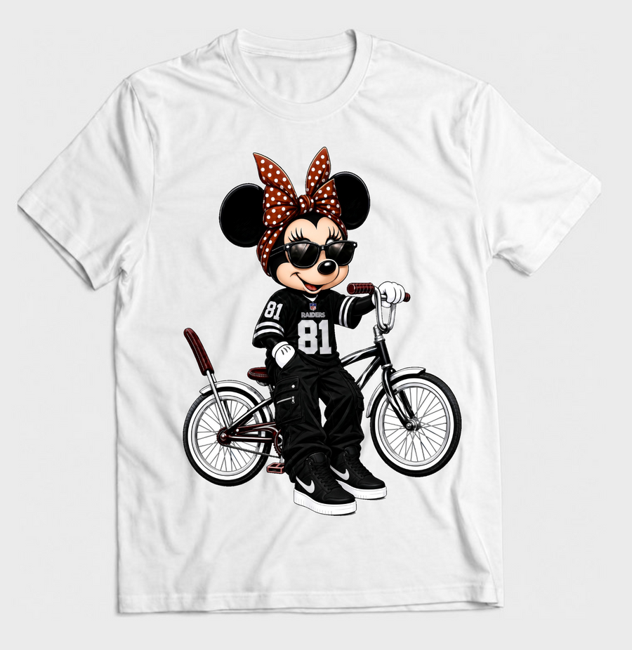 White T-shirt mockup with polka dot bow cartoon mouse riding a lowrider bicycle