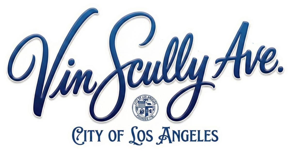 Small Vin Scully Ave (2.5 Inches Big) Classic Vin Scully Ave Script Sticker | Los Angeles City Seal Vinyl Decal