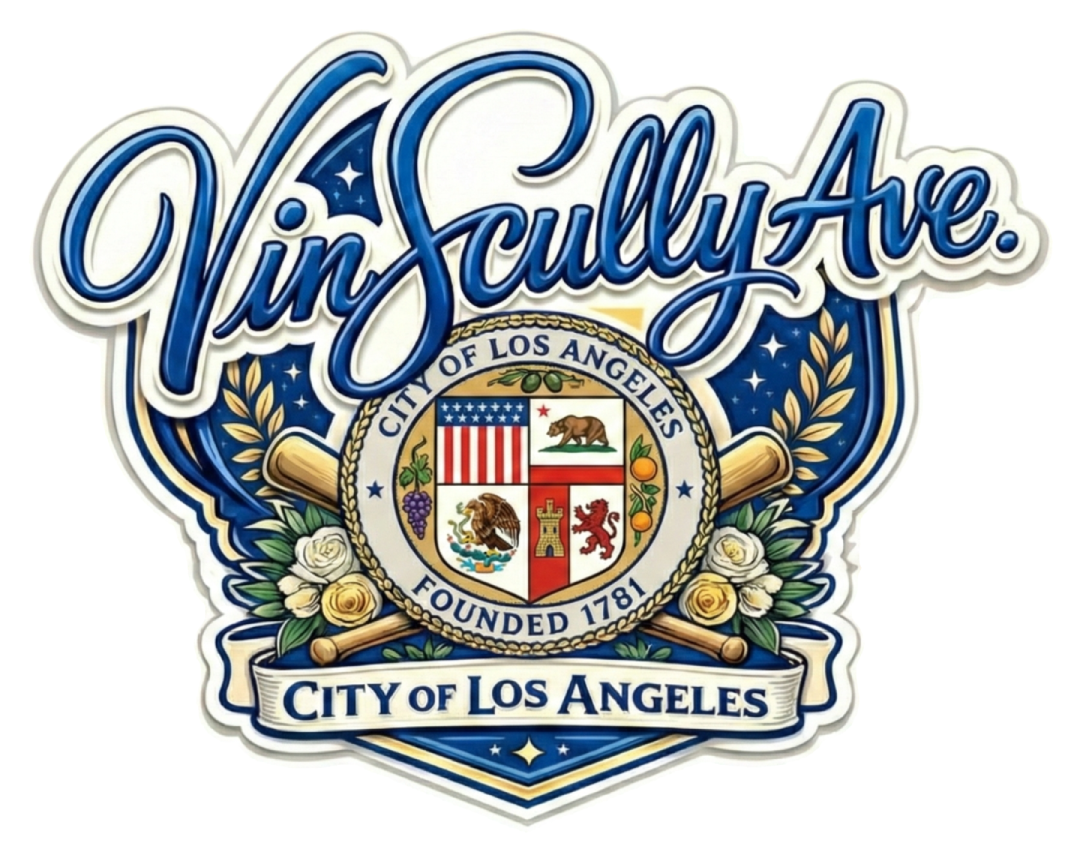 Small Vin Scully Ave (2.5 Inches Big) Los Angeles Baseball Tribute Sticker | LA City Seal Vinyl Decal
