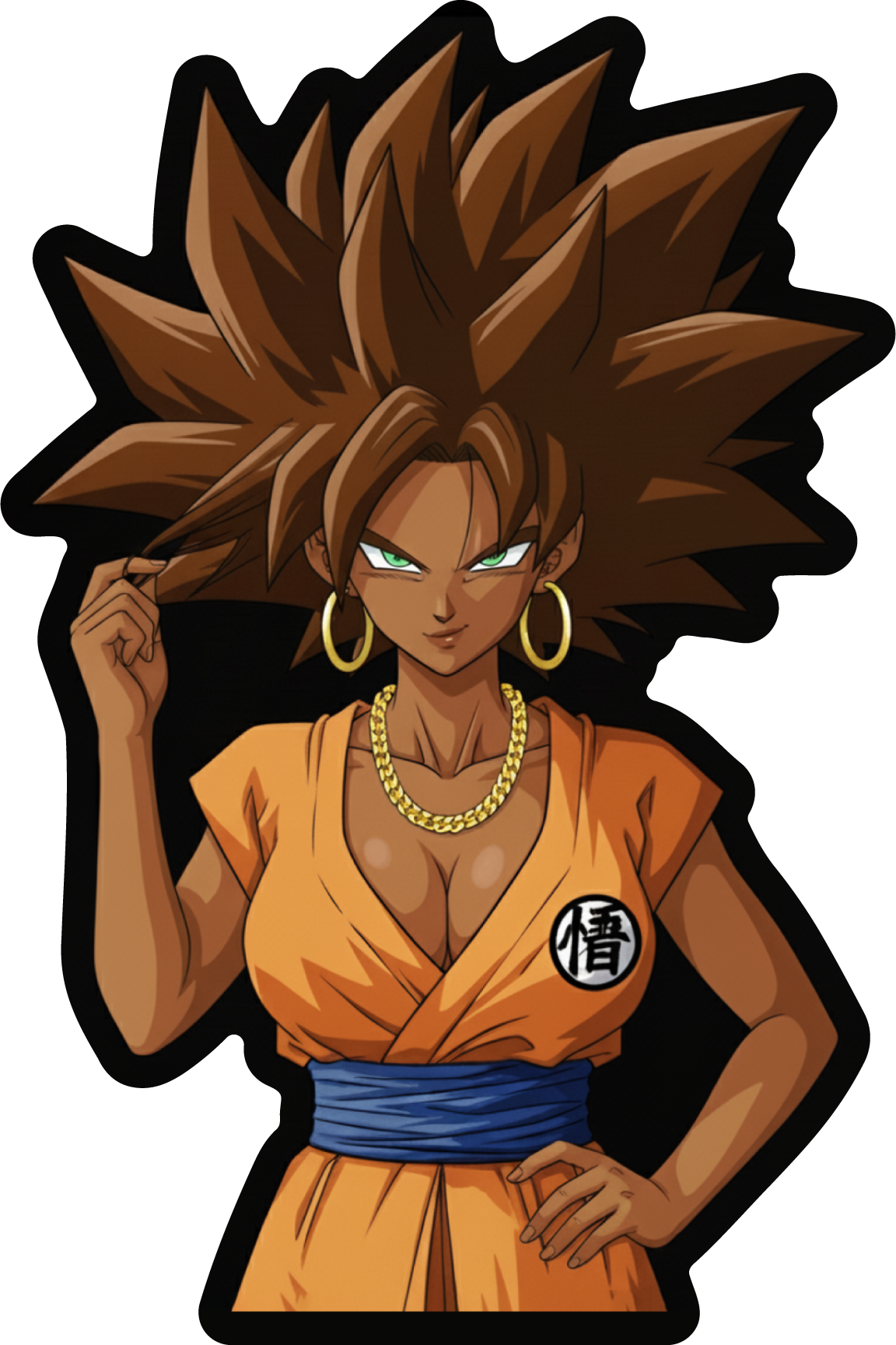 Urban Saiyan Queen Sticker | Black Anime Girl Vinyl Decal | Gold Chain &amp; Hoops Female Warrior Art | Water-Resistant Laptop &amp; Bottle Sticker