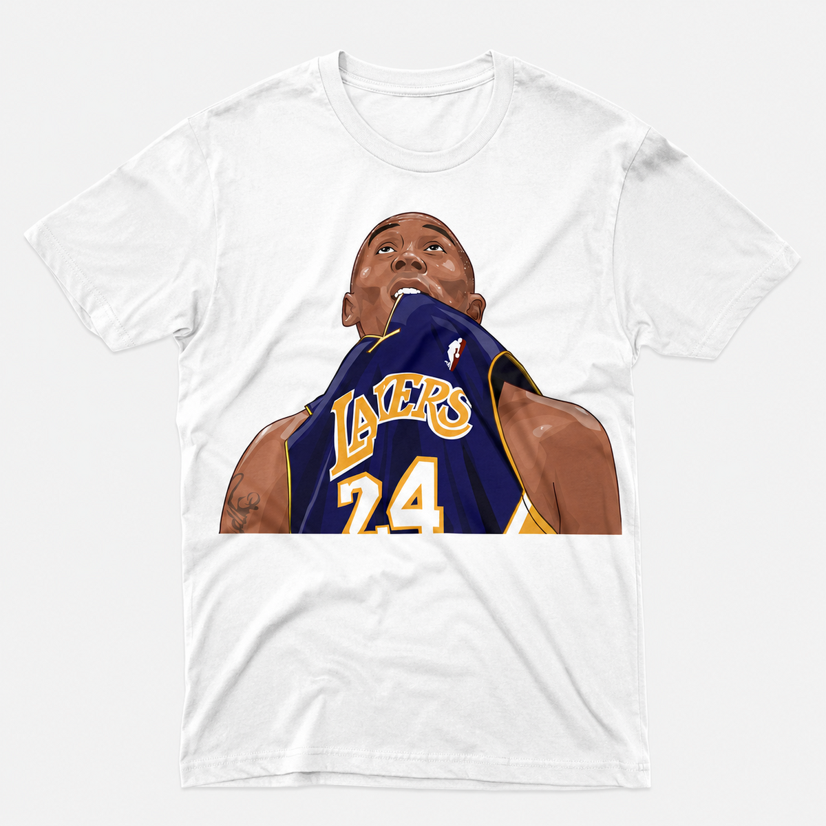 White graphic T-shirt with purple and gold number 24 basketball jersey tribute portrait