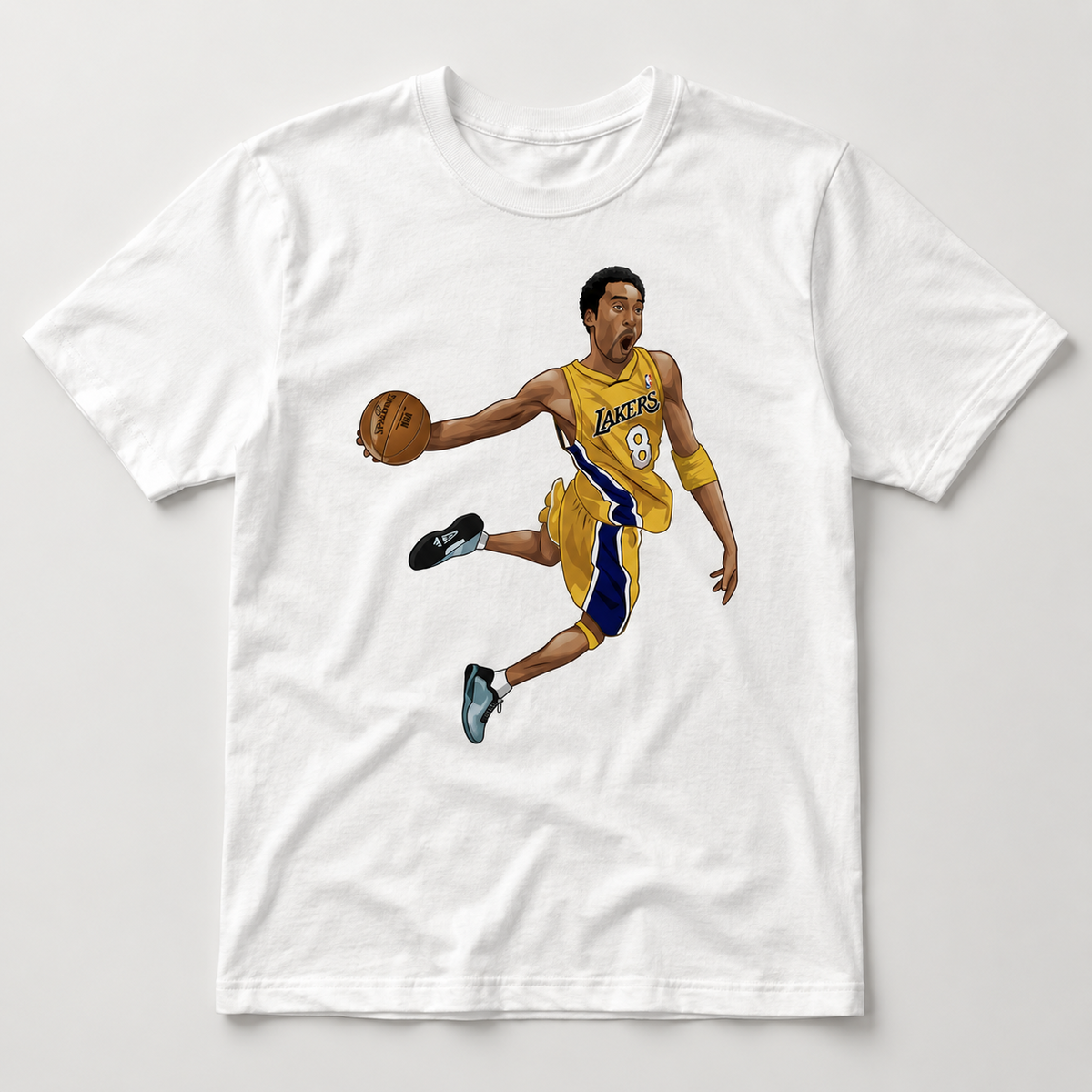 White graphic T-shirt with purple and gold number 8 basketball player airborne with ball