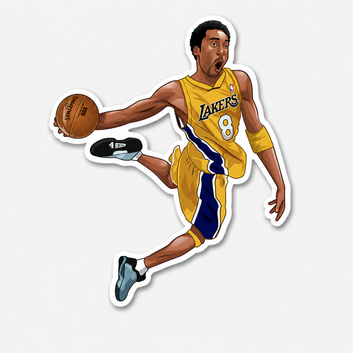 Purple and gold number 8 basketball player airborne with ball 4 inch vinyl sticker
