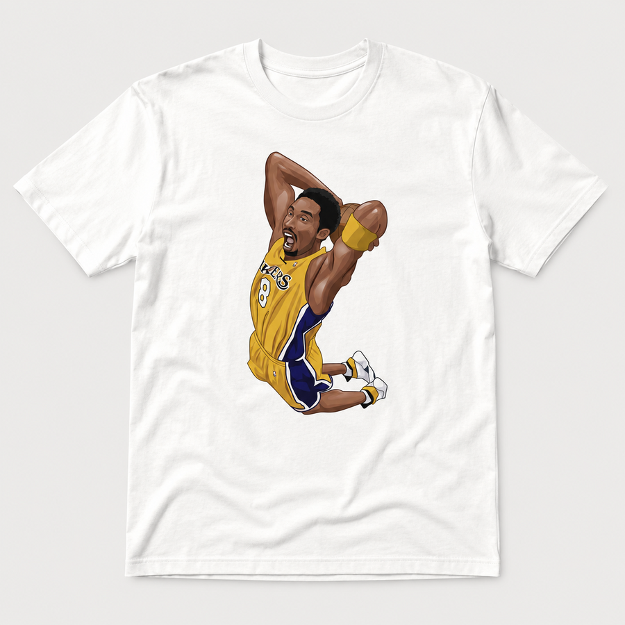 White graphic T-shirt with purple and gold number 8 basketball player in two-hand dunk pose