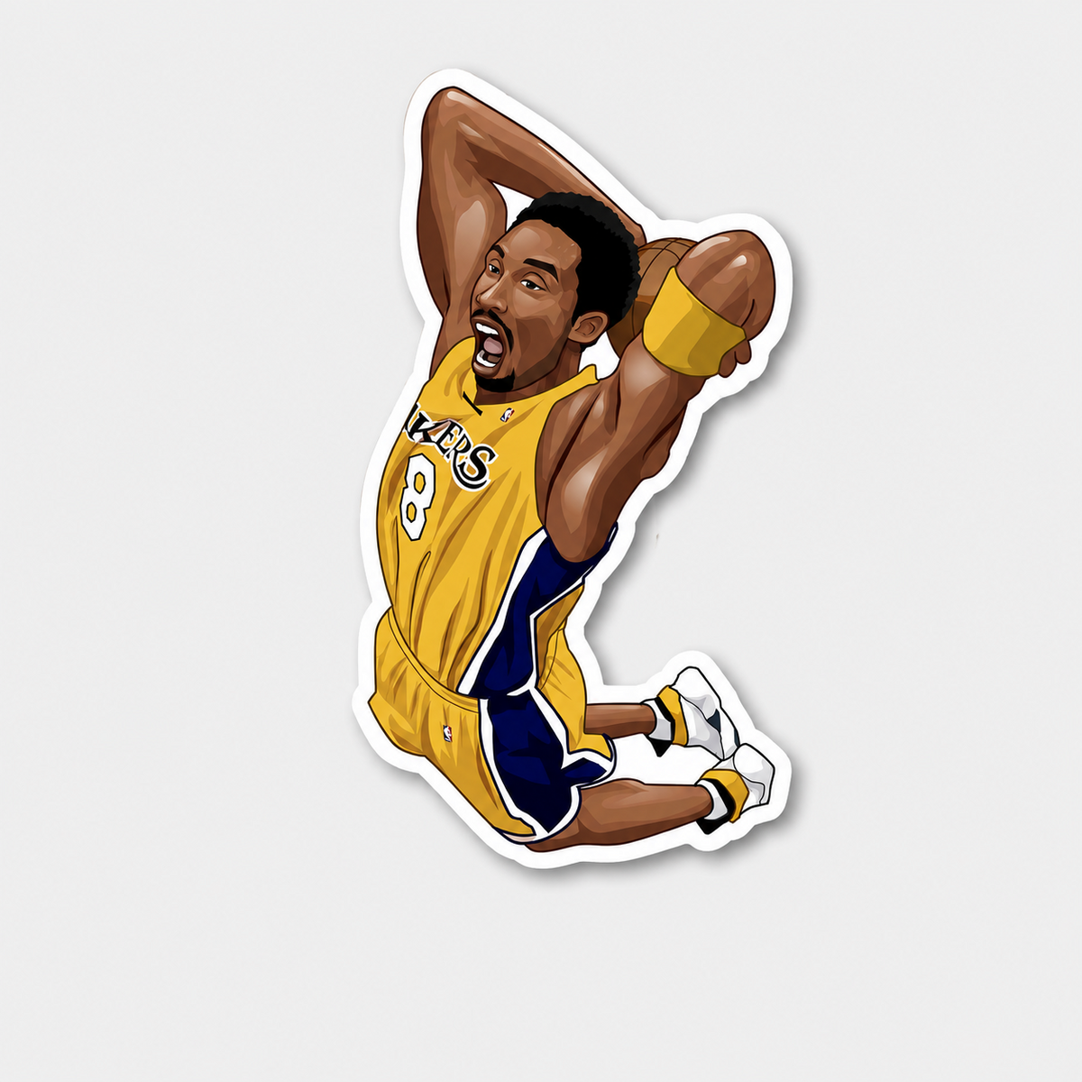 Purple and gold number 8 basketball player in two-hand dunk pose 4 inch vinyl sticker