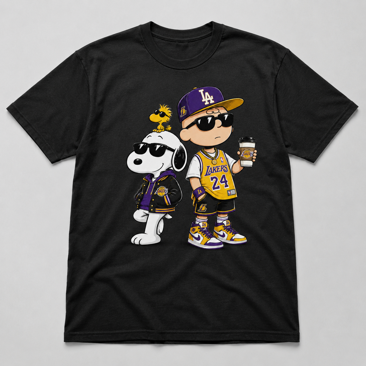 Purple and gold basketball fan duo graphic on black T-shirt