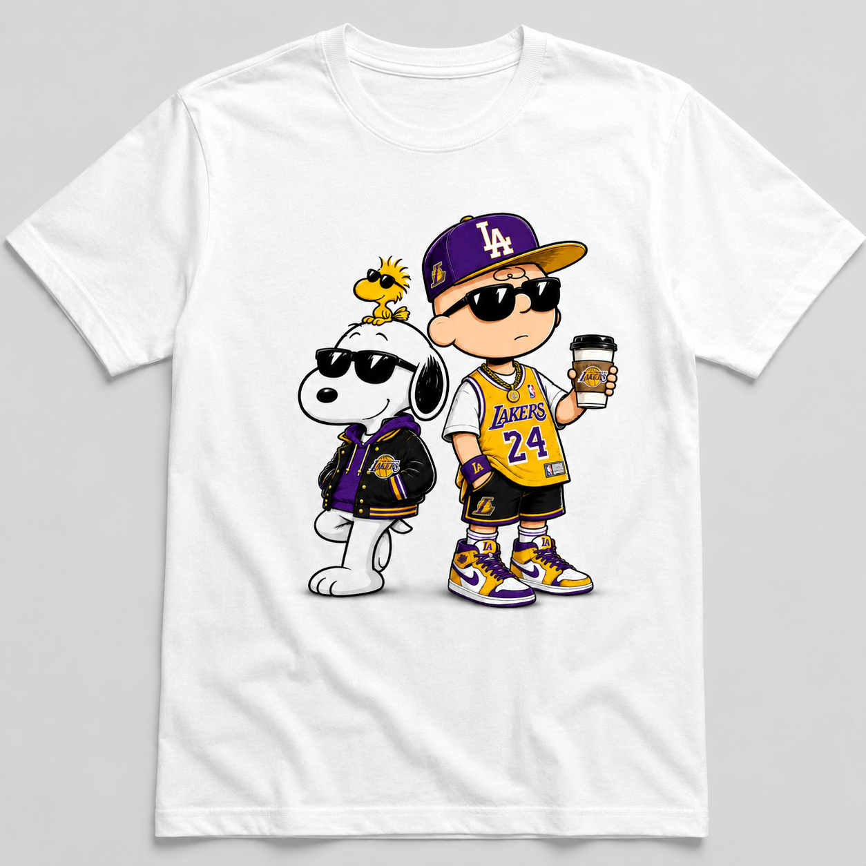 Purple and gold basketball fan duo graphic on white T-shirt