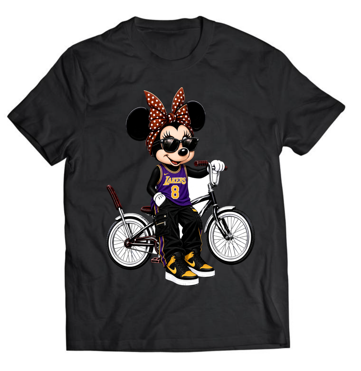 Black graphic T-shirt featuring a cartoon mouse in a purple and gold basketball outfit with a brown polka dot bow and lowrider bicycle