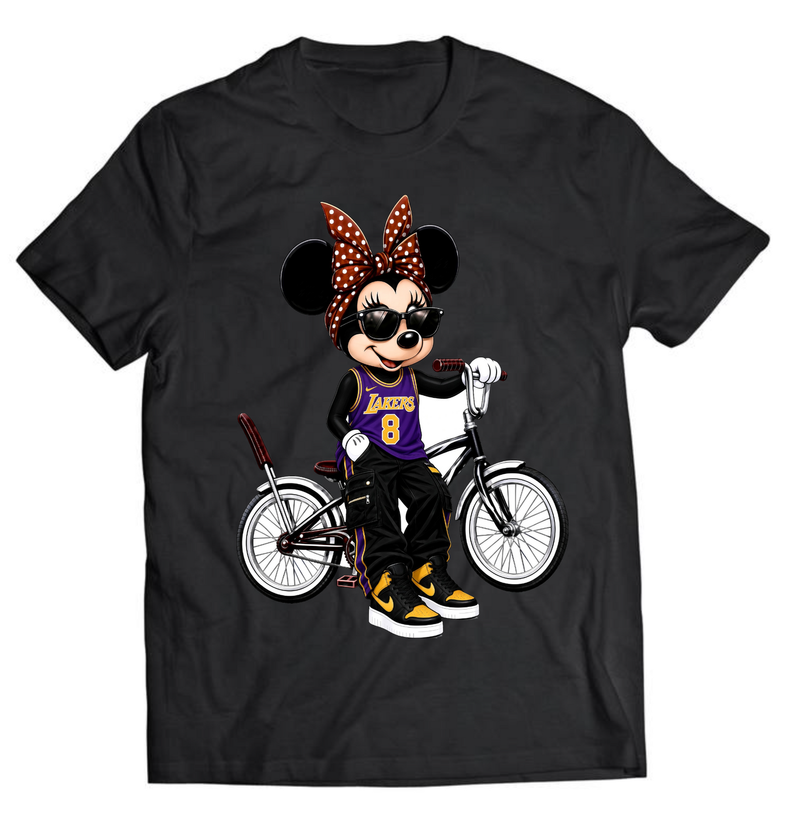 Black graphic T-shirt featuring a cartoon mouse in a purple and gold basketball outfit with a brown polka dot bow and lowrider bicycle