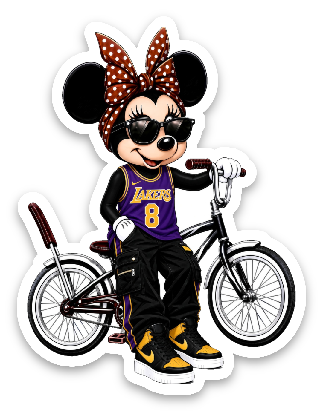 Die-cut sticker of a cartoon mouse in a purple and gold basketball outfit, brown polka dot bow and sunglasses beside a lowrider bicycle