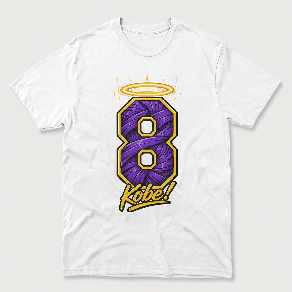 White graphic T-shirt with purple and gold number 8, gold halo and tribute script