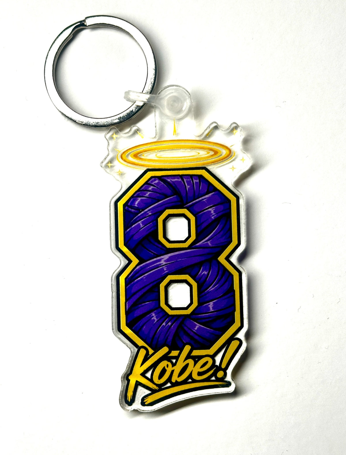Purple and gold number 8 basketball tribute acrylic keychain with halo and script lettering, front product photo