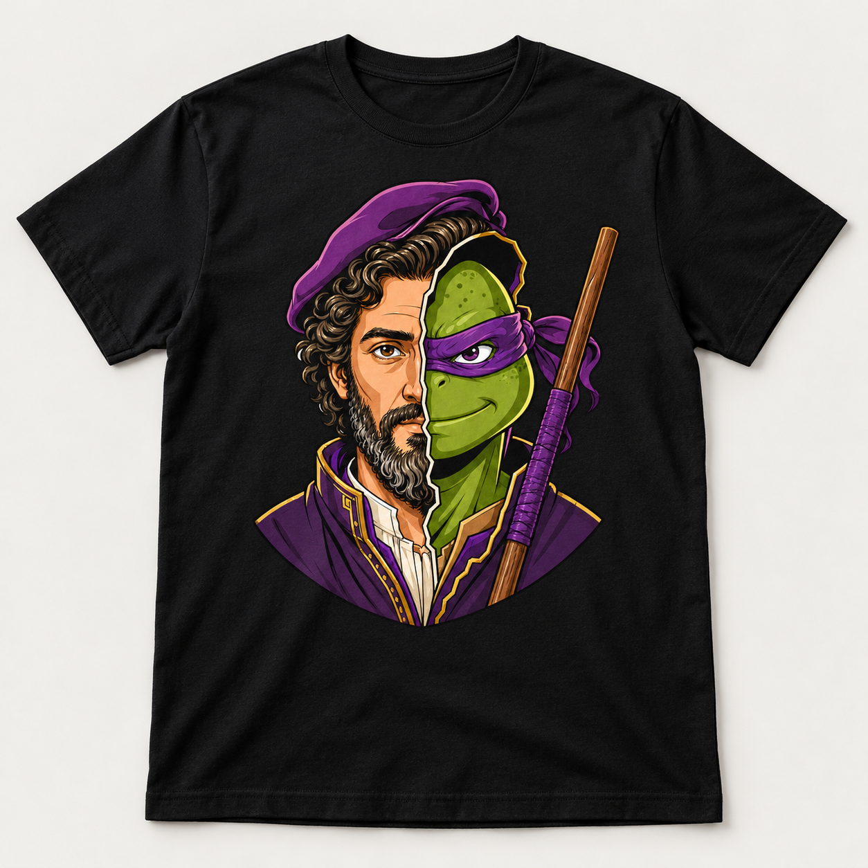 Black graphic T-shirt with purple-masked green ninja and curly-haired bearded Renaissance artist split face beside wooden staff