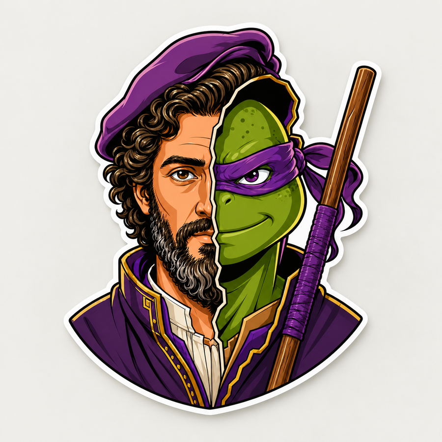 Matte die-cut vinyl sticker of a purple-masked ninja blended with curly-haired Renaissance artist portrait and wooden staff