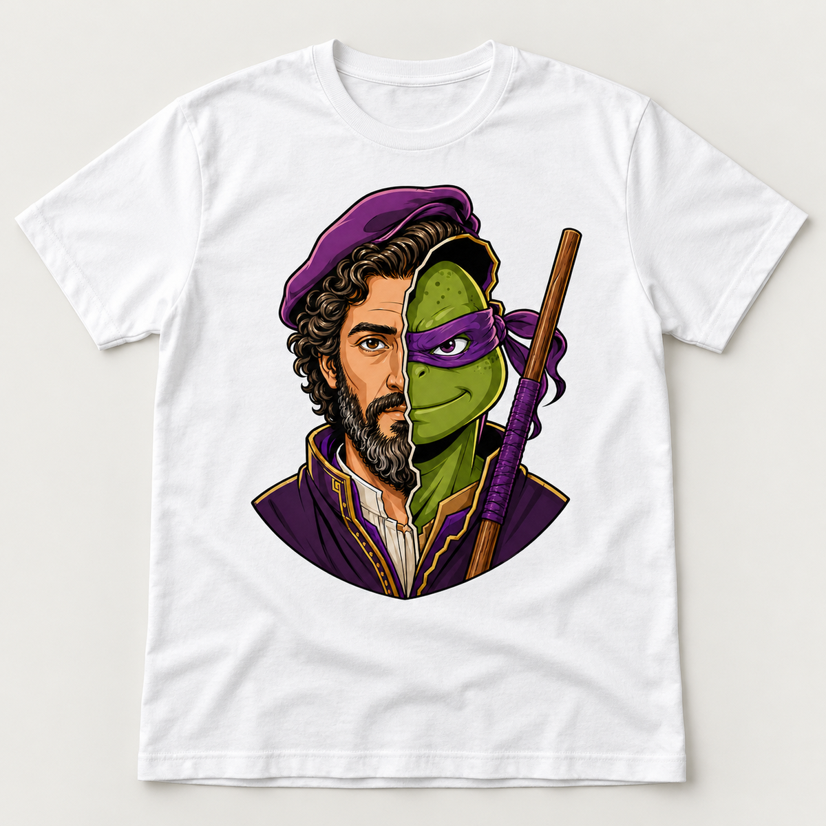 White graphic T-shirt featuring purple-masked green ninja and bearded Renaissance artist split portrait with wooden staff