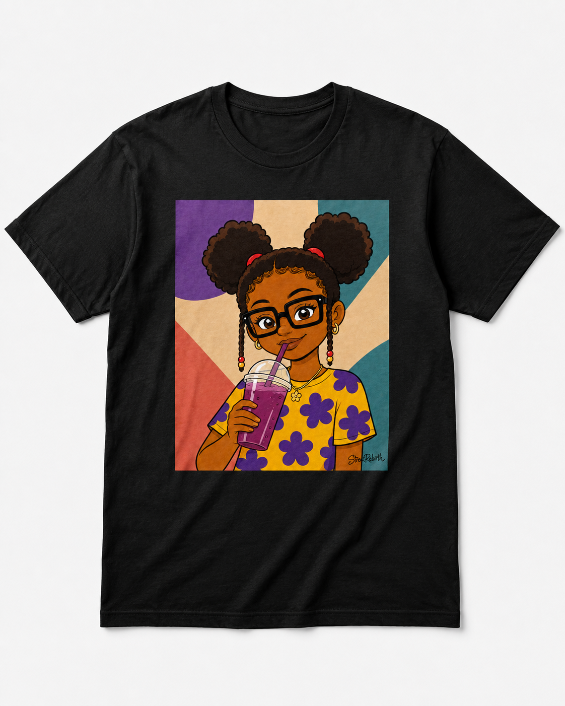 Purple smoothie afro puff Black girl portrait graphic on black t-shirt