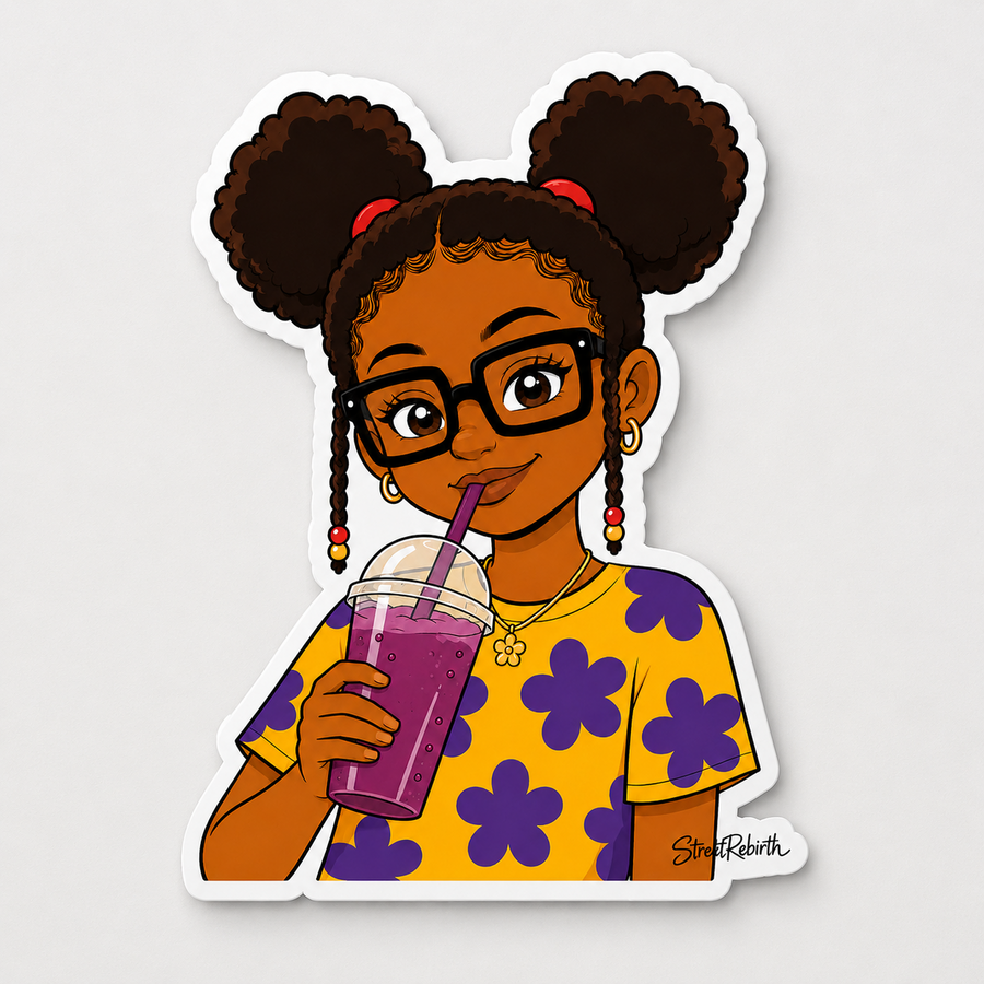 Purple smoothie afro puff Black girl portrait 4-inch matte vinyl sticker