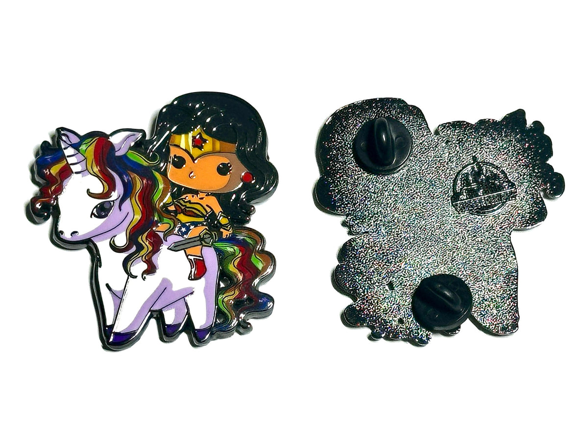 Rainbow unicorn heroine enamel pin front and back view