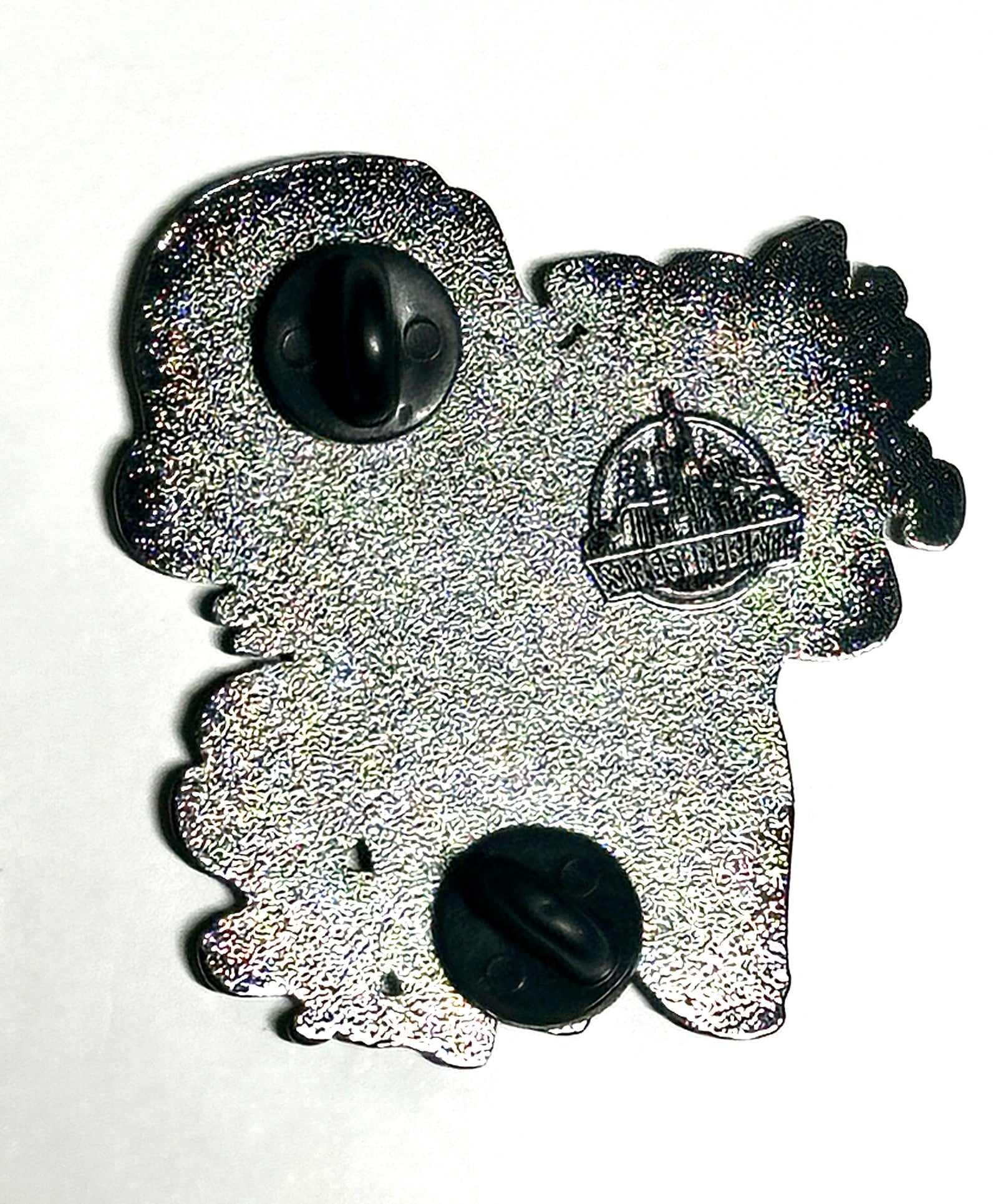 Silver metal two-post backing of rainbow unicorn enamel pin
